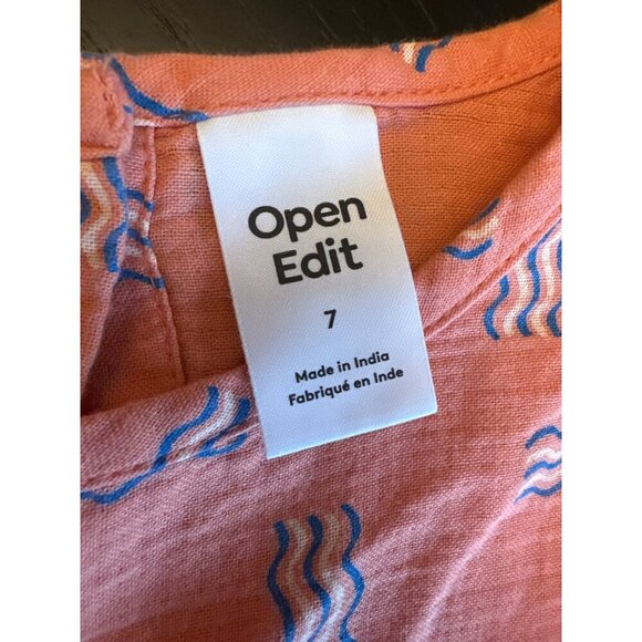 Open Edit Girls Organic Cotton Dress Wavy Print Coral/Blue Size 7 - Picture 2 of 5
